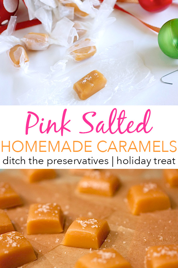 Ditch the preservatives and make your own homemade holiday treats with this Pink Salted Caramel Candy Recipe. Makes delicious Christmas and holiday gifts. Great dessert recipe. #recipe #cleaneating #recipe #vegetarian #holidayfood #dessert #homemadecandy