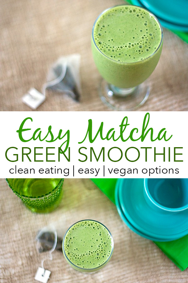 Give your green smoothie an extra energy boost with some matcha! This easy smoothie recipe adds antioxidants and other healthy benefits with clean eating ingredients. Great for breakfast or a snack. #recipe #healthy #healthyrecipes #cleaneating #breakfast #smoothies #vegan #veganrecipes