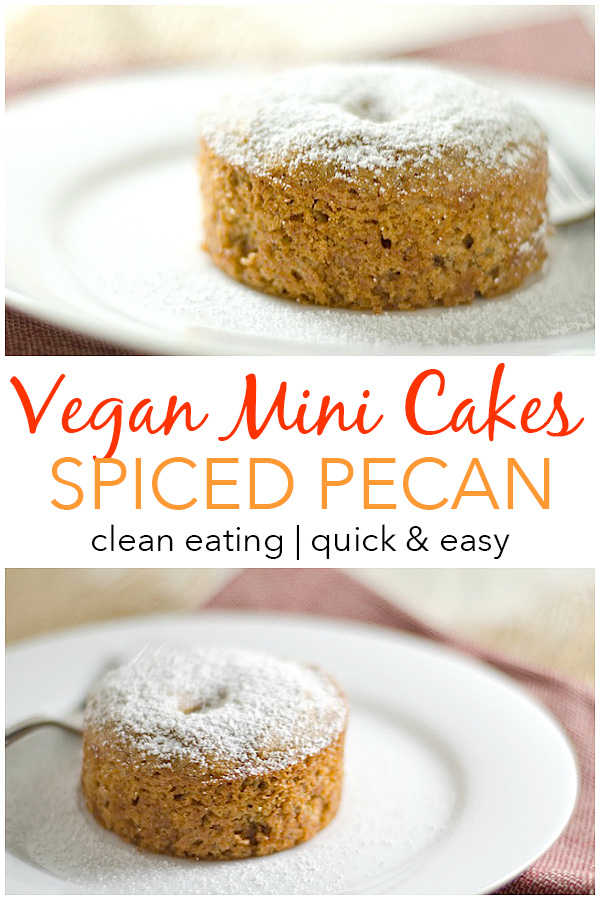 Portion control is built right into this easy Spiced Pecan Mini Cakes recipe. This delicious fall recipe makes two individual cakes, and they come together nice and easy. Cozy up with this healthy dessert recipe. #cake #fallfood #fall #fallrecipe #recipe #healthy #healthyrecipes #healthyfood #cleaneating #recipe #realfood #vegan #veganrecipe