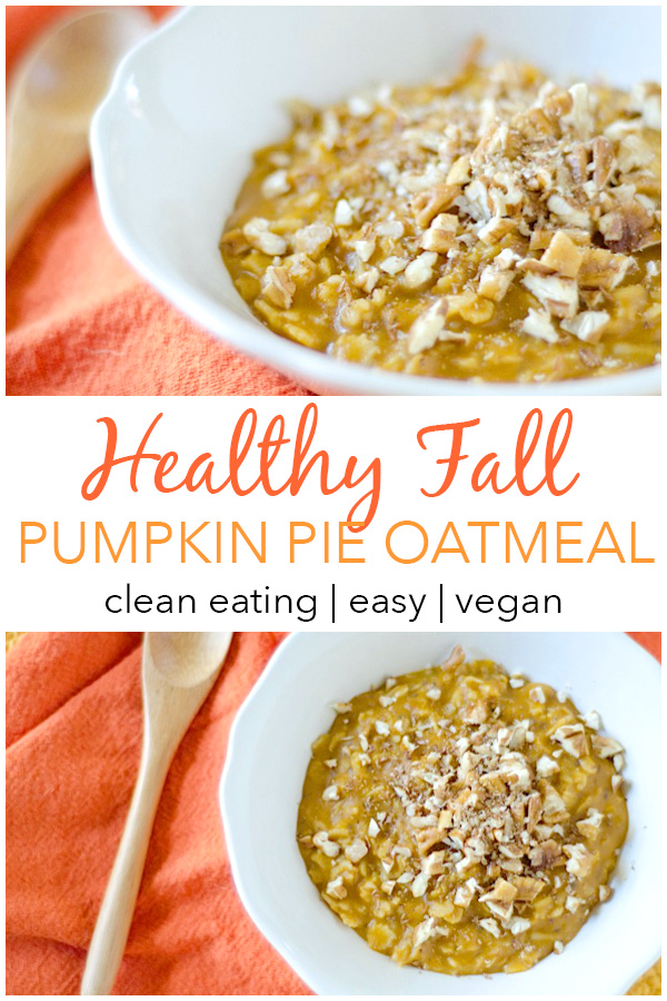 This is my go-to FALL breakfast food! HEALTHY Pumpkin Pie Oatmeal. One of the best pumpkin recipes around! You'll love this easy and healthy breakfast recipe that sneaks some vegetables into your day in the most delicious way. Clean eating, and I can make this with ingredients from my pantry. And it's a great use of leftover canned pumpkin. #recipe #fallfood #pumpkinrecipe #healthyrecipe #cleaneating