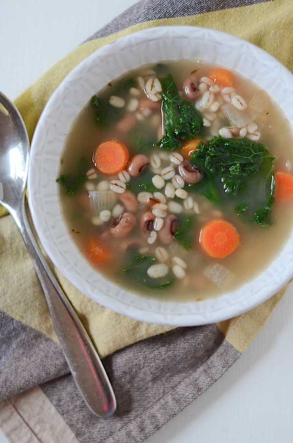 Skip boring black eyed peas and make this delicious Barley Black Eyed Pea Soup for New Year's Day and keep that luck going all year long! This clean eating recipe is a great vegetarian or vegan lunch or dinner recipe #recipe #healthy #healthyrecipes #cleaneating #realfood #vegan #vegetarian