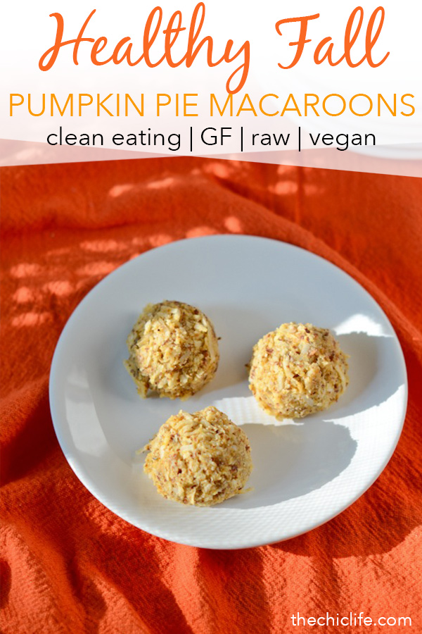 Here's a healthy fall dessert recipe you'll love. Yummy pumpkin pie macaroons are a fall dessert you can feel good about. They're also great as a snack. And they're clean eating, vegan, gluten free, raw, too! Great use of leftover canned pumpkin. #fallfood #fall #fallrecipe #recipe #healthy #healthyrecipes #healthyfood #cleaneating #dessertrecipe #realfood #vegan #veganrecipe #glutenfree