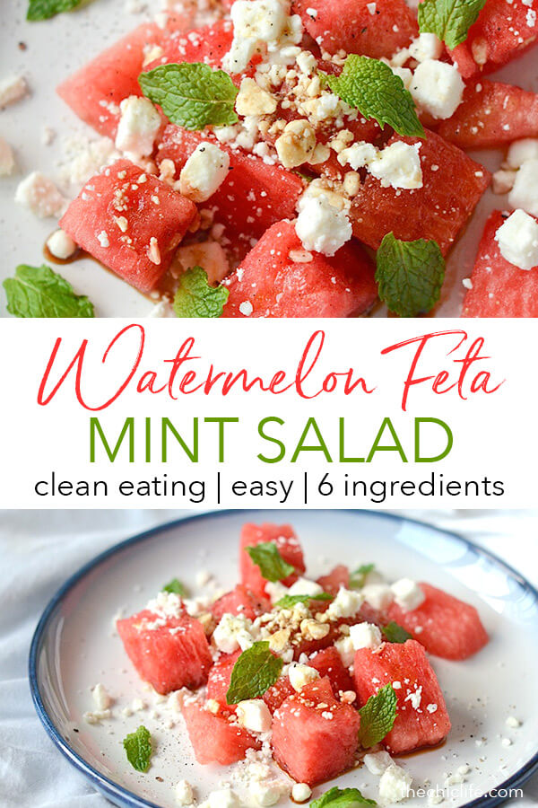 Look fancy without all the hard work with this stunning Watermelon Feta Mint salad. Buy pre-cut watermelon for a throw together dish to impress! Great for summer cookouts and entertaining. This clean eating recipe is so EASY! #recipe #healthyrecipes #cleaneating #vegetarian #summerrecipes #watermelon #watermelonrecipes