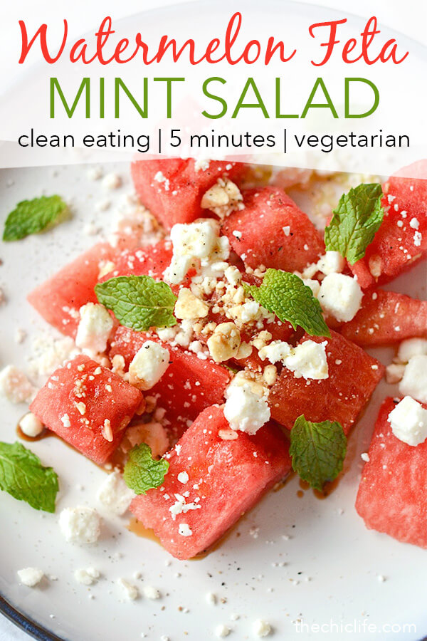 So easy and good! This 5 minute Watermelon Feta Mint Salad whips up in a jiffy and makes a delicious, clean eating, vegetarian side or main dish for a beautiful summer day. #recipe #healthy #healthyrecipes #healthyfood #cleaneating #vegetarian #healthyfoodideas