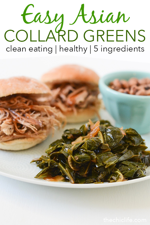 Try a new twist on collard greens for your good-luck New Year's Day lunch or dinner - Asian Collard Greens is a fun and easy clean eating recipe to get your year started on a delicious note. Try this healthy holiday recipe this year. #healthy #healthyrecipes #cleaneating #vegan