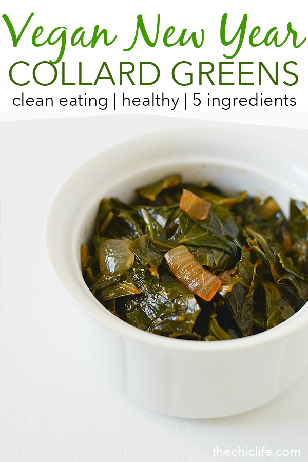 Looking for a collard greens recipe made *without* ham? Try this easy vegan recipe. This Asian Collard Greens recipe is delicious and simple. You won't even miss the meat in this healthy holiday recipe - perfect for New Year's Day! #healthy #healthyrecipes #cleaneating #vegan