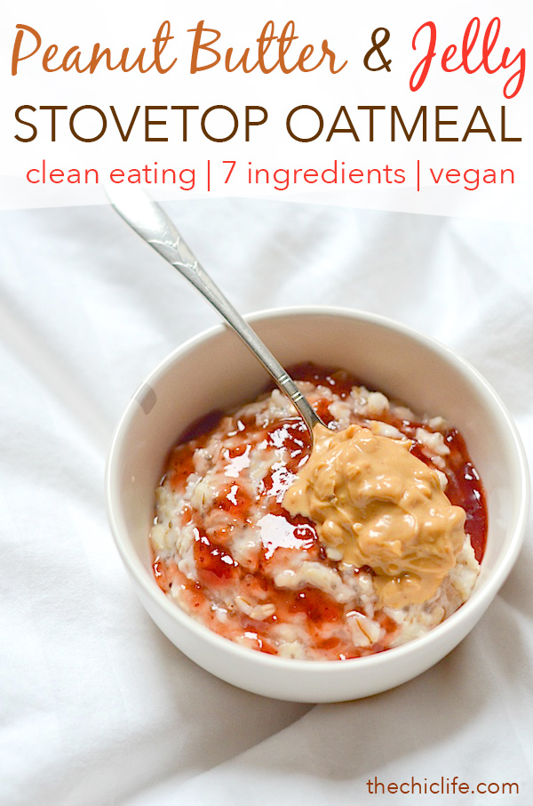 Peanut Butter and Jelly Stovetop Oatmeal Recipe | Here's an easy upgrade to boring oatmeal. Try this clean eating recipe next time you want an easy real food recipe that will keep you full. I love this one for a quick and healthy breakfast before work or even as a snack when I want something warm to eat. #healthyrecipe #cleaneating #cleaneatingrecipe #realfood #realfoodrecipe #healthy 