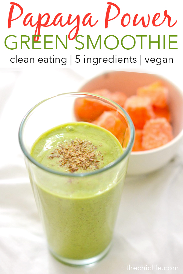 Boost your day with this delicious Papaya Power Green Smoothie recipe. This clean eating treat is an easy breakfast recipe you can also enjoy as a pick-me-up snack. #recipe #healthy #healthyrecipes #cleaneating #breakfast #smoothies #vegan #veganrecipes