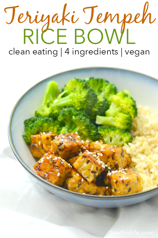 Dinner in 20 minutes with 4 ingredients? Yes, please! This Teriyaki Tempeh Rice Bowl is an easy repeat meal on my busy week nights for a delicious dinner after a long work day. Better than take-out! #recipe #healthy #healthyrecipes #healthyfood #cleaneating #dinner #dinnerrecipes #vegan #vegetarian