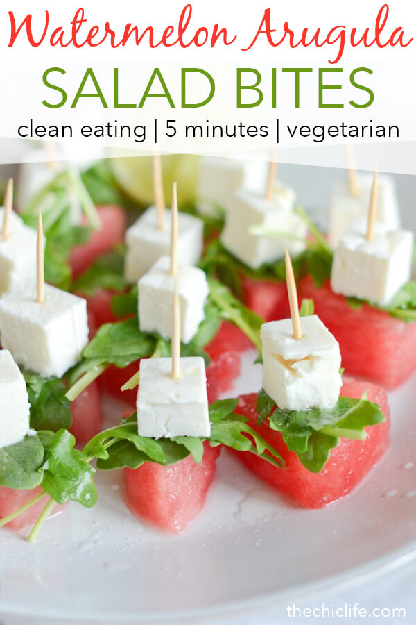 The perfect summer appetizer or snack! These cute Watermelon Arugula Salad bites are SO refreshing and delicious. And they're easy to assemble. Great for entertaining - parties and potlucks! #recipe #healthy #healthyrecipes #healthyfood #cleaneating #vegetarian #healthyfoodideas