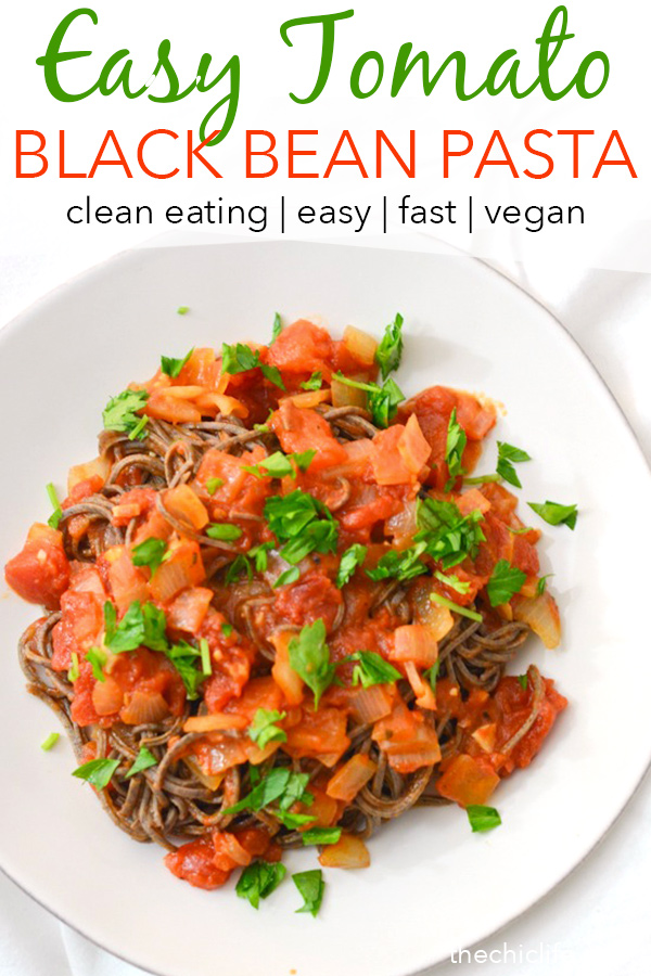 Need dinner but haven't been to the grocery store? You can make this delicious healthy pasta recipe with common pantry ingredients. Try this Black Bean Pasta with Easy Tomato Sauce. Bonus: It's ready fast! #recipe #healthy #healthyrecipes #healthyfood #cleaneating #dinner #dinnerrecipes #vegan #vegetarian