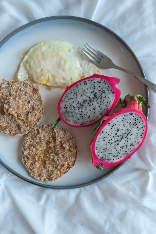 Breakfast: fried egg, English muffin, fresh dragonfruit