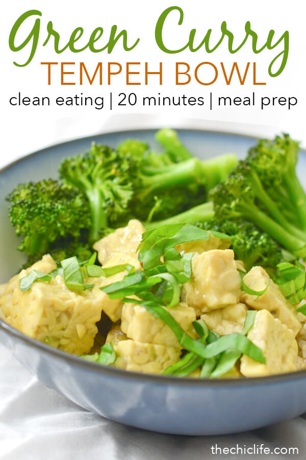 This delicious vegan dinner recipe is ready in 20 minutes! This Green Curry Tempeh bowl is a clean eating recipe that makes a great dinner with leftovers for lunch for work or school #recipe #healthy #healthyrecipes #healthyfood #cleaneating #dinner #dinnerrecipes #vegan #vegetarian #mealprep