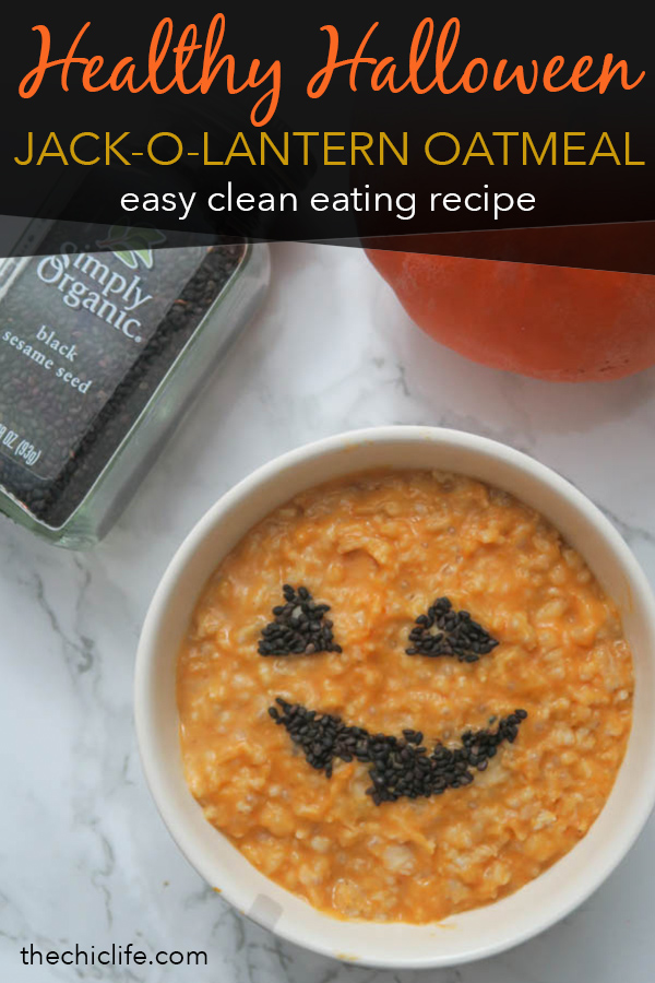 You'll love this healthy Halloween recipe for jack-o-lantern oatmeal with VIDEO. This clean eating recipe is for pumpkin oatmeal (sneak in a veggie serving!). Start your Halloween with this easy breakfast idea. Make microwave or stovetop oatmeal and then follow the DIY tutorial for the jack-o-lantern face. So easy and fun! #recipe #halloweenfood #halloween #healthyrecipe #cleaneating #holidayrecipe