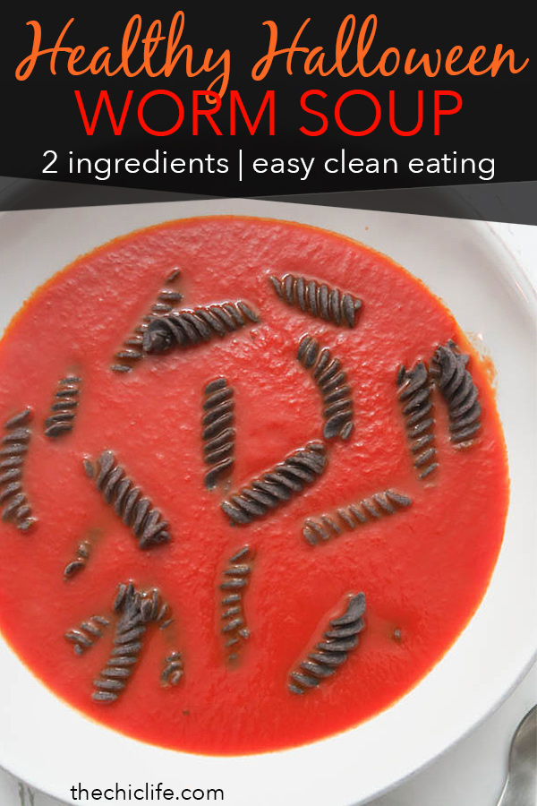 This looks scary, but tastes delicious! Can you tell what it is?! Click through to find out what makes this "worm soup" Healthy Halloween recipe. Made with only 2 ingredients, this clean eating recipe is so easy to whip up. #recipe #halloweenfood #halloween #healthyrecipe #cleaneating #holidayrecipe