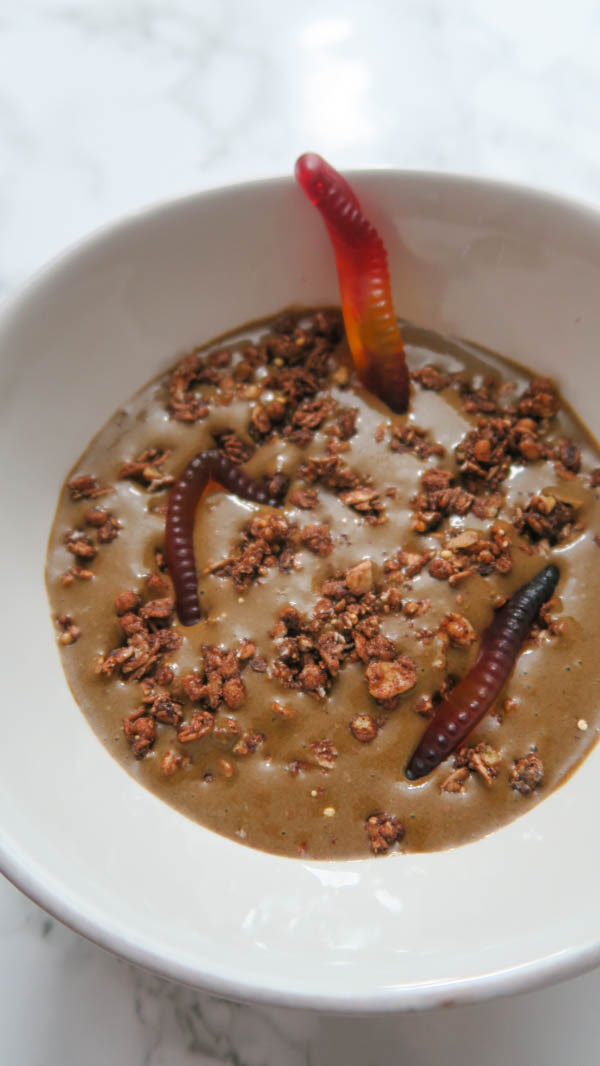 Looking for a scary treat to entertain your friends and family this Halloween? Here's a smoothie bowl that looks like dirt (complete with worms!), but tastes delicious. It even sneaks in a veggie serving! Try this clean eating recipe for a delicious healthy Halloween breakfast, snack, or even dessert! #recipe #halloweenfood #halloween #healthyrecipe #cleaneating #holidayrecipe