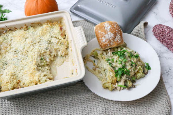 Try my lightened up Healthy Turkey Tetrazzini Recipe with your Thanksgiving leftovers. This fall recipe is easy and super delicious too. No gross canned soup. This is a clean eating version of a classic! Click for the recipe and a video. #fallfood #fallrecipe #recipe #healthy #healthyrecipes #healthyfood #cleaneating #recipe #realfood #thanksgivingleftovers