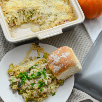 Pictured: Turkey Tetrazzini (made without canned soup!). Click for 3 Clean Eating Leftover Turkey Recipes for breakfast, lunch, and dinner. #recipe #healthy #healthyrecipes #healthyfood #cleaneating #recipe #realfood #thanksgivingleftovers #thanksgivingfood #christmasfood