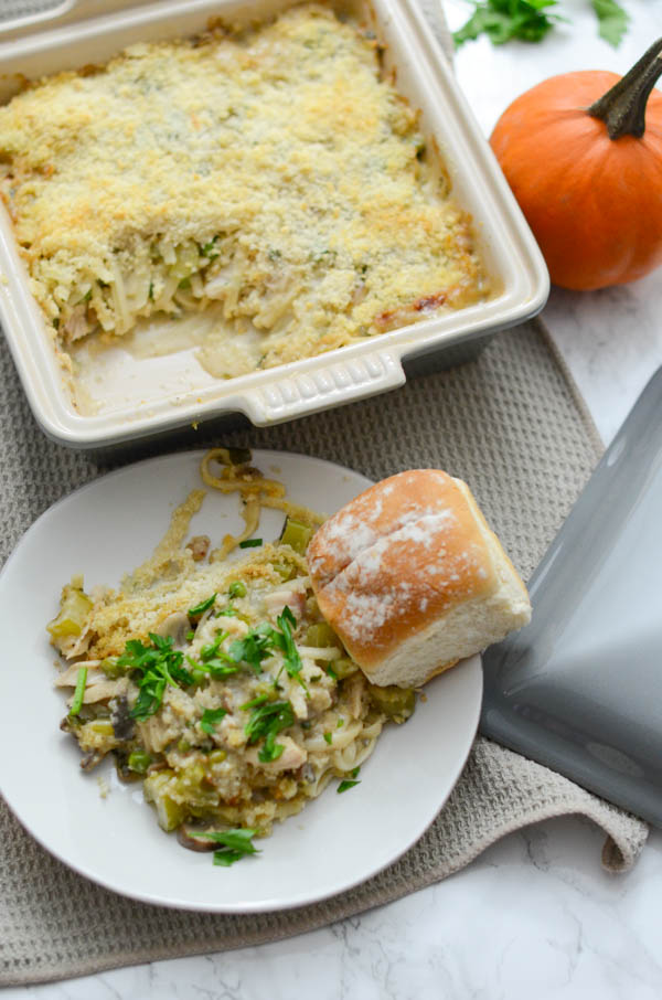 Try my lightened up Healthy Turkey Tetrazzini Recipe with your Thanksgiving leftovers. This fall recipe is easy and super delicious too. No gross canned soup. This is a clean eating version of a classic! Click for the recipe and a video. #fallfood #fallrecipe #recipe #healthy #healthyrecipes #healthyfood #cleaneating #recipe #realfood #thanksgivingleftovers