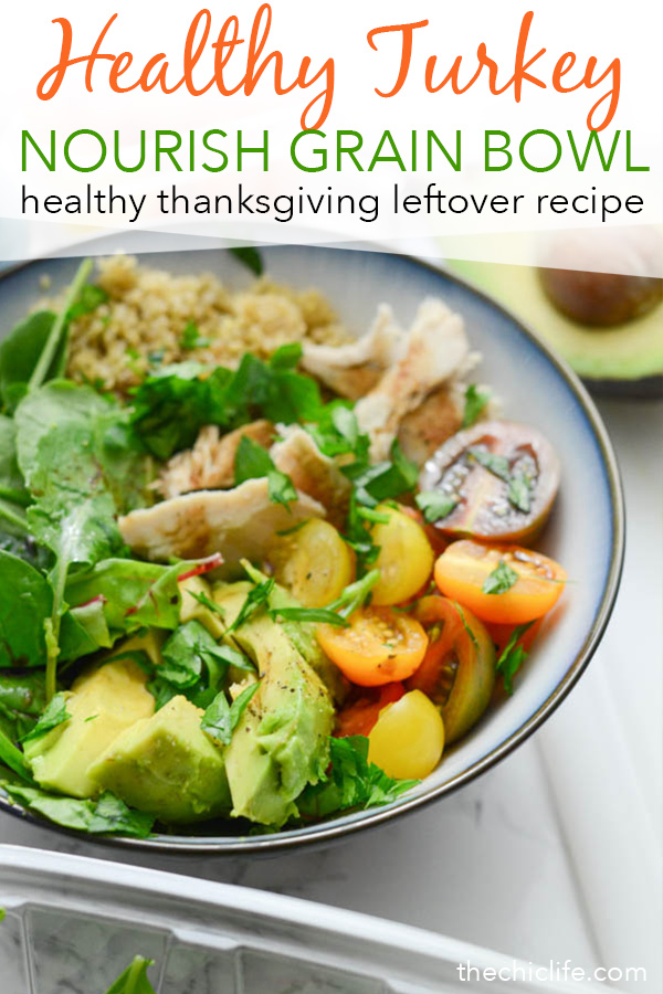 Enjoy a healthy and delicious Turkey Grain Nourish Bowl with your Thanksgiving leftovers. Light and refreshing - perfect for a post-holiday meal. This easy grain bowl is super easy and clean eating. Click for the recipe and a video. #fallfood #fallrecipe #recipe #healthy #healthyrecipes #healthyfood #cleaneating #recipe #realfood #thanksgivingleftovers