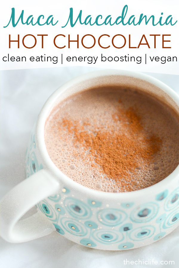 Energy boosting Maca Macadamia Hot Chocolate is the perfect dessert recipe to enjoy on a cool winter night. Cozy up next to the fire or your snuggliest blanket. This clean eating recipe is delicious #recipe #healthy #healthyrecipes #cleaneating #recipe #realfood #vegan #veganrecipe