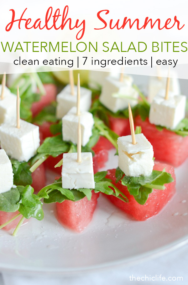 Watermelon Salad Bites | Click for 11 more healthy summer recipes that are perfect for celebrating the Fourth of July, Labor Day or even just for entertaining friends and family to enjoy the last days of summer. Clean eating style, easy, from scratch, real food, really delicious - great for lunch, dinner with ideas for dessert and non-alcohol drinks / mocktails #recipe #healthy #healthyrecipes #healthyfood #cleaneating