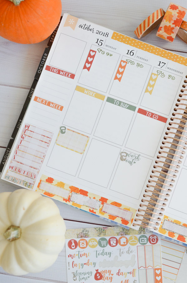 Decorate while still leaving space to write! Photos and video on how to use a fall sticker kit with washi tape in your Erin Condren LifePlanner vertical layout in this fall themed Plan with Me. #erincondren #lifeplanner #planner #planning #erincondren #plannerdecorations #plannerideas