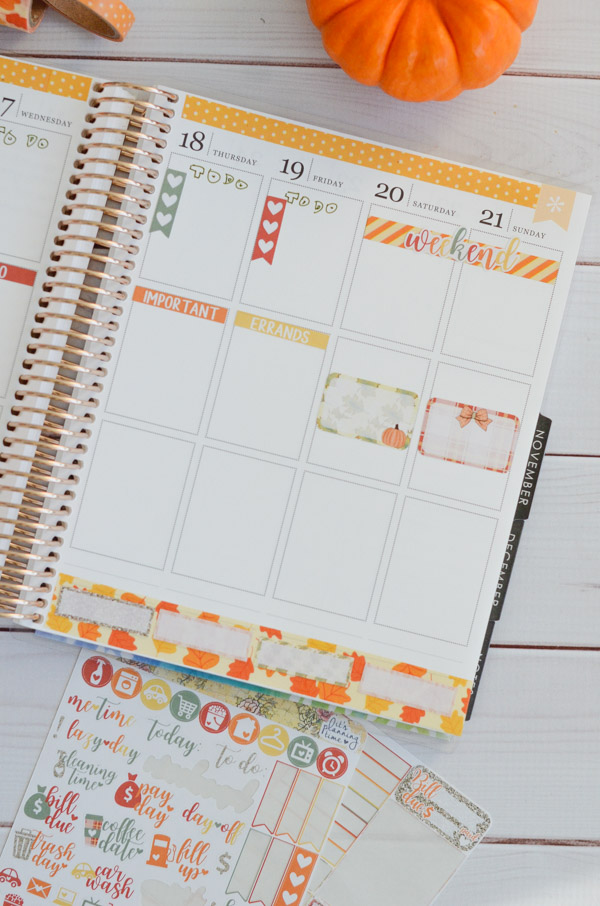 Decorate while still leaving space to write! Photos and video on how to use a fall sticker kit with washi tape in your Erin Condren LifePlanner vertical layout in this fall themed Plan with Me. #erincondren #lifeplanner #planner #planning #erincondren #plannerdecorations #plannerideas