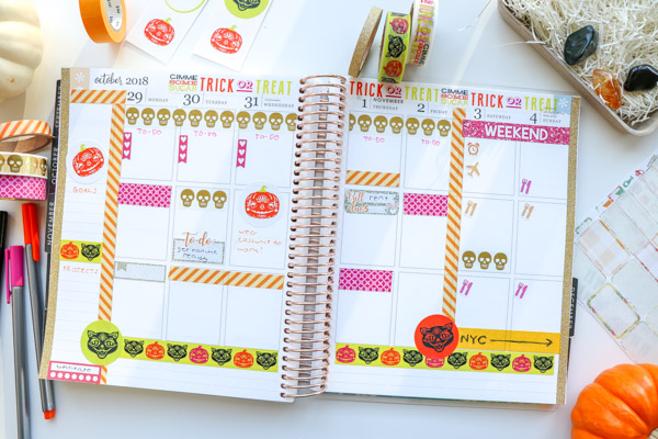 Glam-o-ween! Here's a chic glam and pink Halloween look for your planner decorations. This look leaves space for writing while still being super colorful with a fun play on the traditional Halloween colors. Uses washi tape and stickers. #erincondren #lifeplanner #planner #planning #erincondren #plannerdecorations #plannerideas 