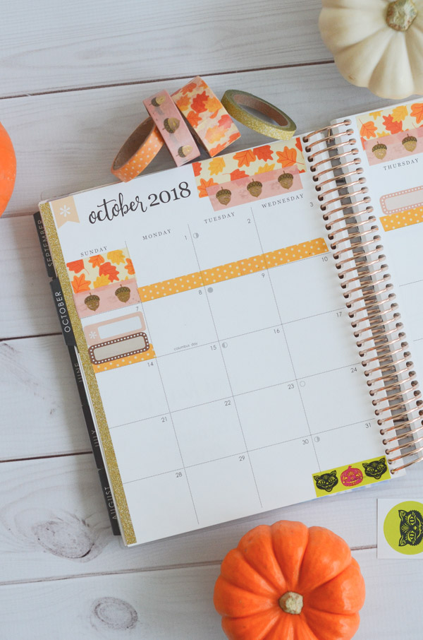 Here's an elegant fall theme for the monthly view of the Erin Condren LifePlanner for October 2018. With a mix of washi tape and stickers, this look leaves plenty of space for writing and planning in style #erincondren #lifeplanner #planner #planning #erincondren #plannerdecorations #plannerideas