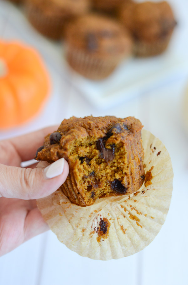 You won't believe these delicious muffins are healthy! Yes, Healthy Pumpkin Chocolate Chip Muffins. I have them on repeat for breakfast and dessert! This clean eating recipe is made with whole grain flour and is naturally vegan (though standard baking alternates are included) #recipe #healthy #healthyrecipes #healthyfood #cleaneating #recipe #realfood #vegan #veganrecipe