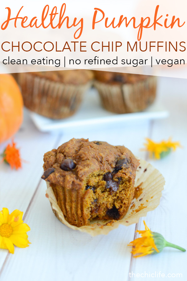 You won't believe these delicious muffins are healthy! Yes, a Healthy Pumpkin Chocolate Chip Muffins recipe. I have them on repeat for breakfast and dessert! This clean eating recipe is made with whole grain flour and is naturally vegan (though standard baking alternates are included) #recipe #healthy #healthyrecipes #healthyfood #cleaneating #recipe #realfood #vegan #veganrecipe