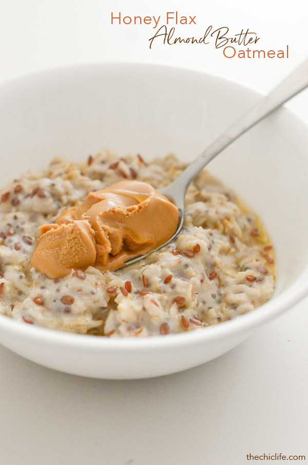 Want a healthy breakfast recipe fast? Try this easy and delicious Honey Flax Almond Butter Oatmeal Recipe. It's perfect when you haven't been to the grocery store since it uses simple pantry ingredients. Vegan options. #recipe #healthy #healthyrecipes #cleaneating #recipe #realfood #vegan #vegetarian