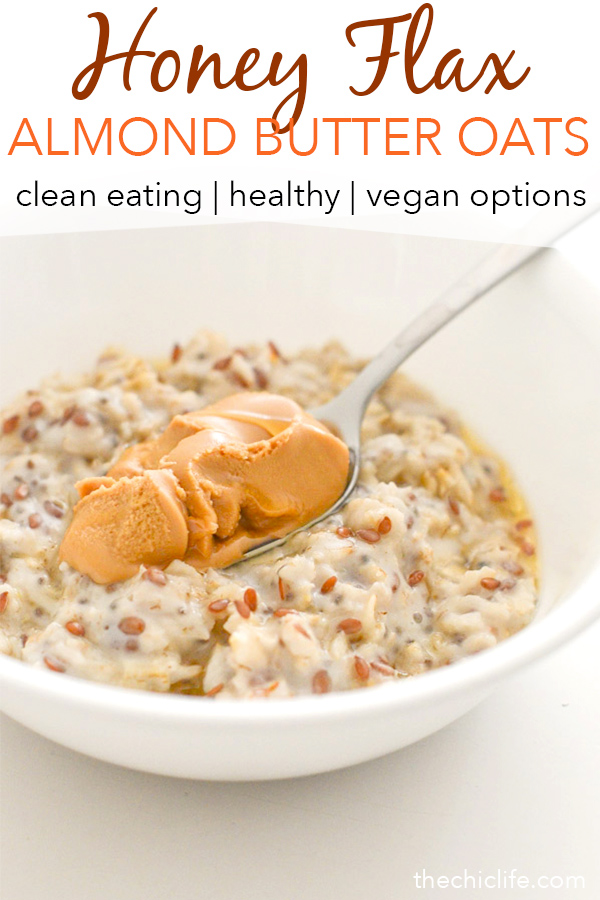 Want a healthy breakfast recipe fast? Try this easy and delicious Honey Flax Almond Butter Oatmeal Recipe. It's perfect when you haven't been to the grocery store since it uses simple pantry ingredients. Vegan options. #recipe #healthy #healthyrecipes #cleaneating #recipe #realfood #vegan #vegetarian