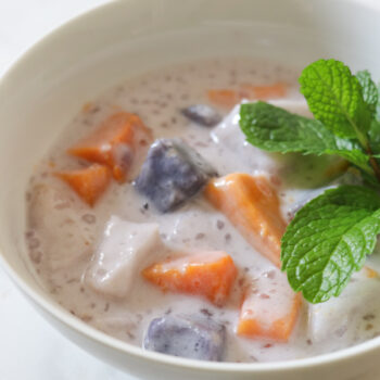 Looking for a healthy dessert/snack recipe? Try this easy and delicious sweet potato/taro root, coconut milk recipe for Ginataang. This Filipino treat is a FUN clean eating recipe to sneak healthy root vegetables into your diet. #recipe #healthy #healthyrecipes #cleaneating #vegan #vegetarian #desserts #dessertfoodrecipes