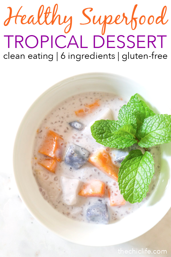 This healthy dessert is a delicious and tropical treat! Superfoods make this a dessert you can feel good about eating. I reduced the sugar amounts from the traditional version of this Ginataang. #recipe #healthy #healthyrecipes #cleaneating #vegan #vegetarian #desserts #dessertfoodrecipes