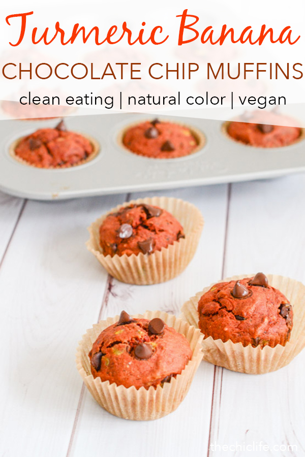 Skip toxic food colors and make this naturally red Turmeric Banana Chocolate Chip Muffins recipe. This clean eating recipe is made with anti-inflammatory ingredients and tastes delicious! #recipe #healthy #healthyrecipes #cleaneating #vegan #vegetarian #breakfast #breakfastfood #valentinesday