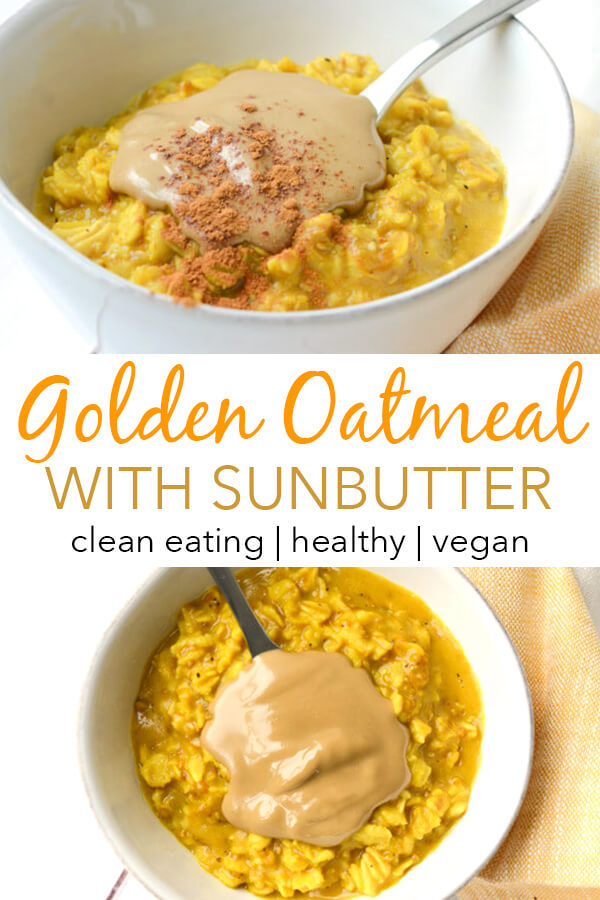 Love turmeric? Try this easy Golden Oatmeal recipe made with anti-inflammatory turmeric and other spices for a fun play on a recently trendy drink. This clean eating breakfast recipe is so good! #recipe #healthy #healthyrecipes #cleaneating #vegan #vegetarian #breakfast #breakfastfood 