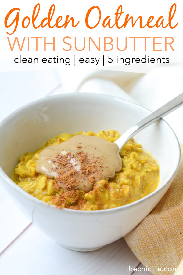 If you like Golden lattes, you'll love this Golden Oatmeal Recipe with Turmeric and Sunbutter. This anti-inflammatory clean eating recipe is easy and fast for a quick, delicious breakfast. #recipe #healthy #healthyrecipes #cleaneating #vegan #vegetarian #breakfast #breakfastfood 