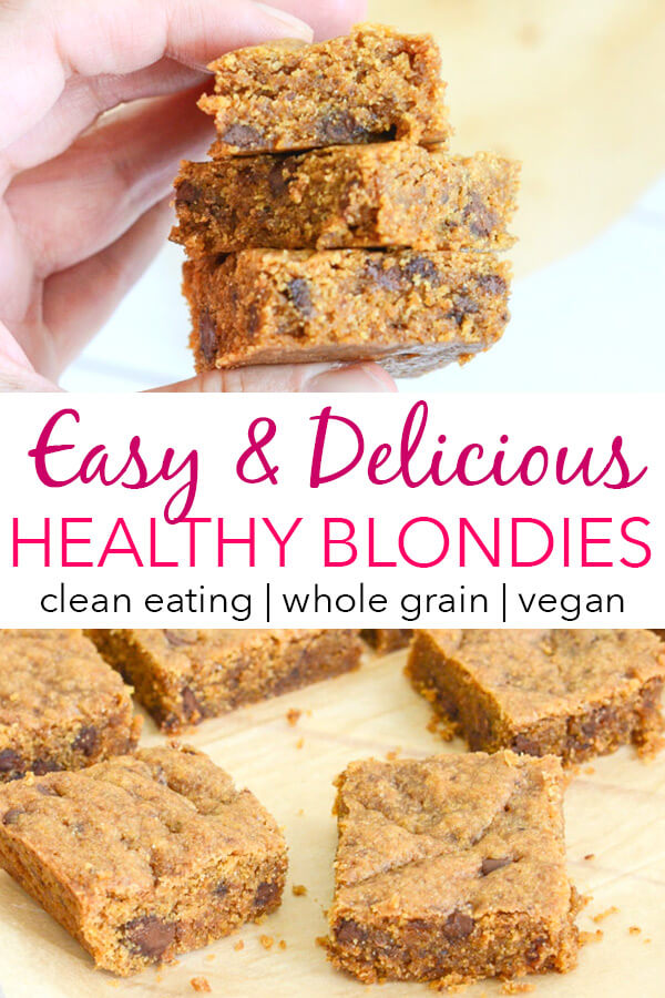 I couldn't stop eating these healthy blondies. Yum! This clean eating dessert recipe is so easy and delicious. Plus you get whole grains but no refined sugars. #recipe #healthy #healthyrecipes #cleaneating #vegan #vegetarian #desserts #dessertfoodrecipes