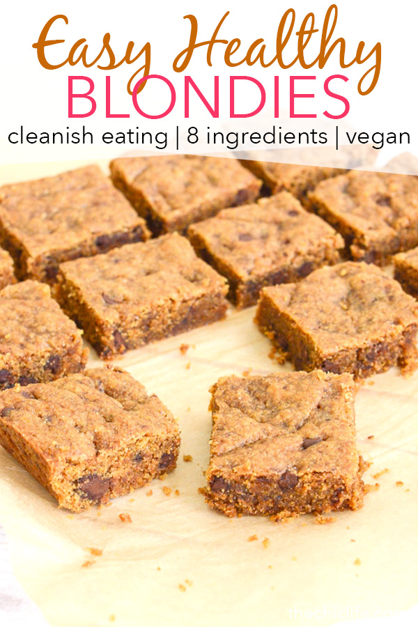 This easy Healthy Blondies recipe is a delicious cleanish eating dessert recipe boosted with whole grains, less processed sugar (and less of it!), plus flaxseed. It's a vegan recipe too! #recipe #healthy #healthyrecipes #cleaneating #vegan #vegetarian #desserts #dessertfoodrecipes