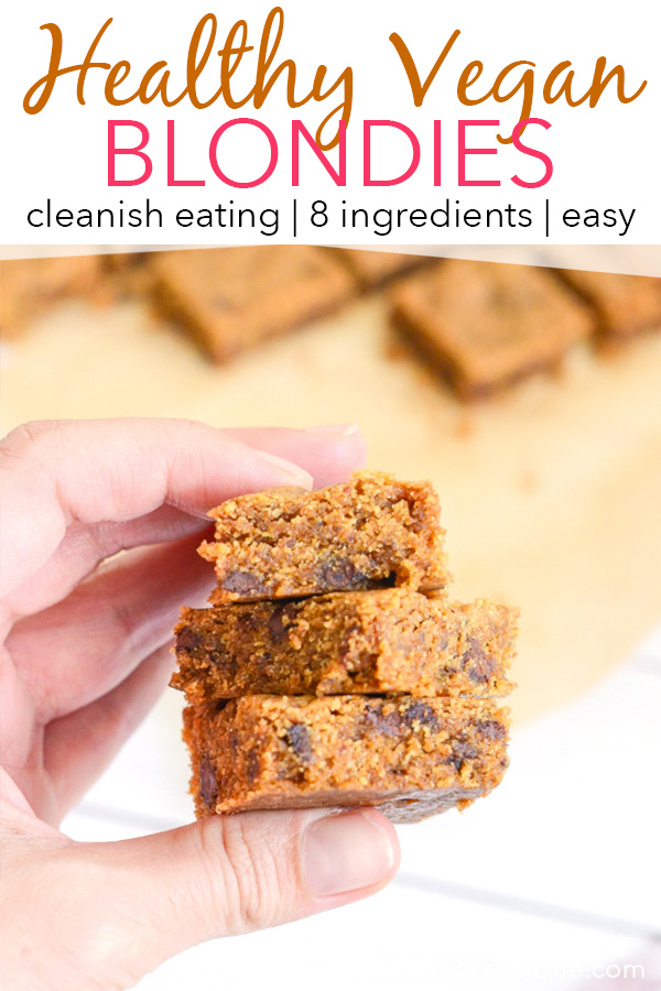 This easy Healthy Vegan Blondies recipe is made with whole grains and reduced sugar amounts for a much healthier dessert option over traditional blondies. #recipe #healthy #healthyrecipes #cleaneating #vegan #vegetarian #desserts #dessertfoodrecipes