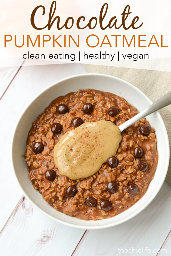 Who wants a healthy chocolate breakfast?! This Healthy Chocolate Pumpkin Oatmeal Recipe with Sunbutter is a simple clean eating recipe made with pantry ingredients, like leftover canned pumpkin, so you can sneak some veggies into breakfast! #recipe #healthy #healthyrecipes #cleaneating #vegan #vegetarian #breakfast #breakfastfood