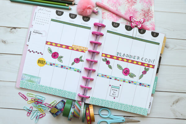 Doodles + washi tape for a colorful weekly spread in my Happy Planner for the week of PlannerCon 2019! This is made with ink pen and colored pencils in addition to washi tape and stickers. Love the flower doodles! #planner #planning #plannerdecorations #plannerideas #happyplanner 