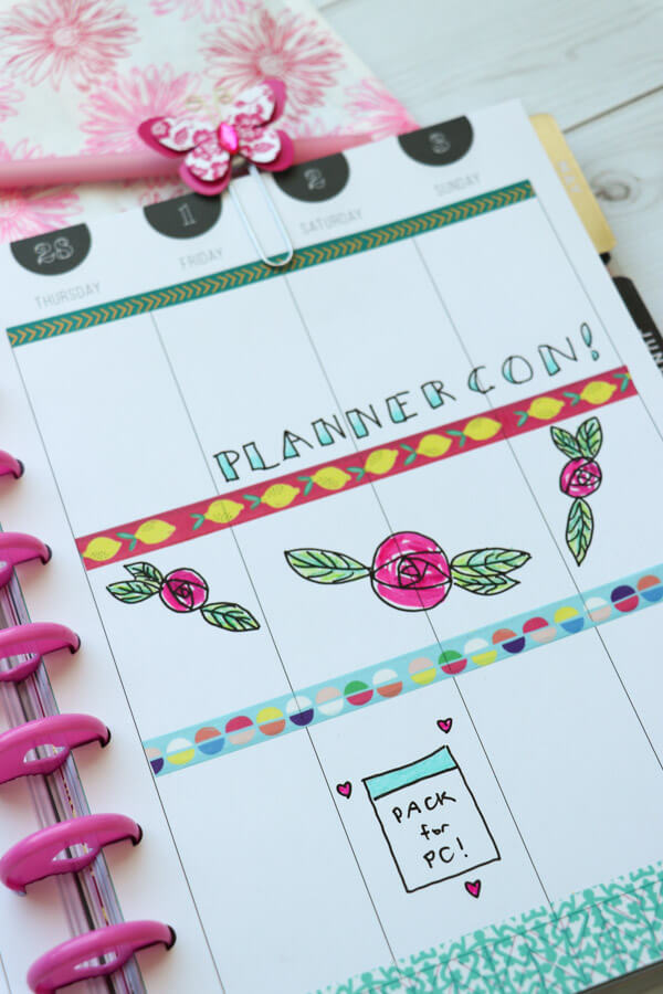 Doodles + washi tape for a colorful weekly spread in my Happy Planner for the week of PlannerCon 2019! This is made with ink pen and colored pencils in addition to washi tape and stickers. Love the flower doodles! #planner #planning #plannerdecorations #plannerideas #happyplanner 