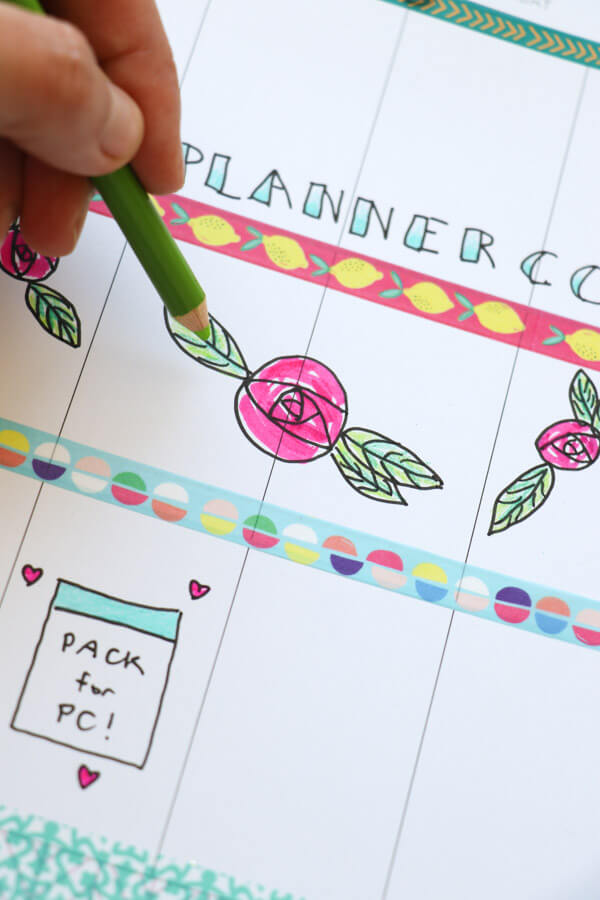 Doodles + washi tape for a colorful weekly spread in my Happy Planner for the week of PlannerCon 2019! This is made with ink pen and colored pencils in addition to washi tape and stickers. Love the flower doodles! #planner #planning #plannerdecorations #plannerideas #happyplanner