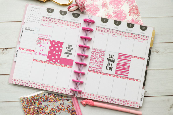 This easy all-pink theme is made with de-stash items from PlannerCon 2019 in my Classic Happy Planner. Watch my Plan with Me video for some easy planner decoration ideas and inspiration for your planner #planner #planning #plannerdecorations #plannerideas #happyplanner