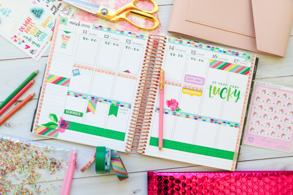 Here are TWO ways to use ONE set of washi tape in your planner layouts. One is in my Erin Condren LifePlanner and one in my Happy planner. These are easy decoration ideas that are also super affordable and fun! March 2019 #planner #planning #plannerdecorations #plannerideas #happyplanner #erincondren #plannerlayout