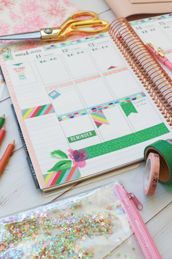 Here are TWO ways to use ONE set of washi tape in your planner layouts. One is in my Erin Condren LifePlanner and one in my Happy planner. These are easy decoration ideas that are also super affordable and fun! March 2019 #planner #planning #plannerdecorations #plannerideas #happyplanner #erincondren #plannerlayout