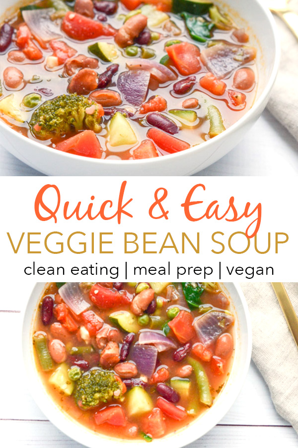 This Quick Veggie Bean Soup Recipe is an easy dinner recipe for clean eating foodies. Plus you get simple and tasty leftovers for lunch or school! Great to warm you up on a cold winter night #recipe #healthy #healthyrecipes #healthyfood #cleaneating #dinner #dinnerrecipes #vegan #vegetarian